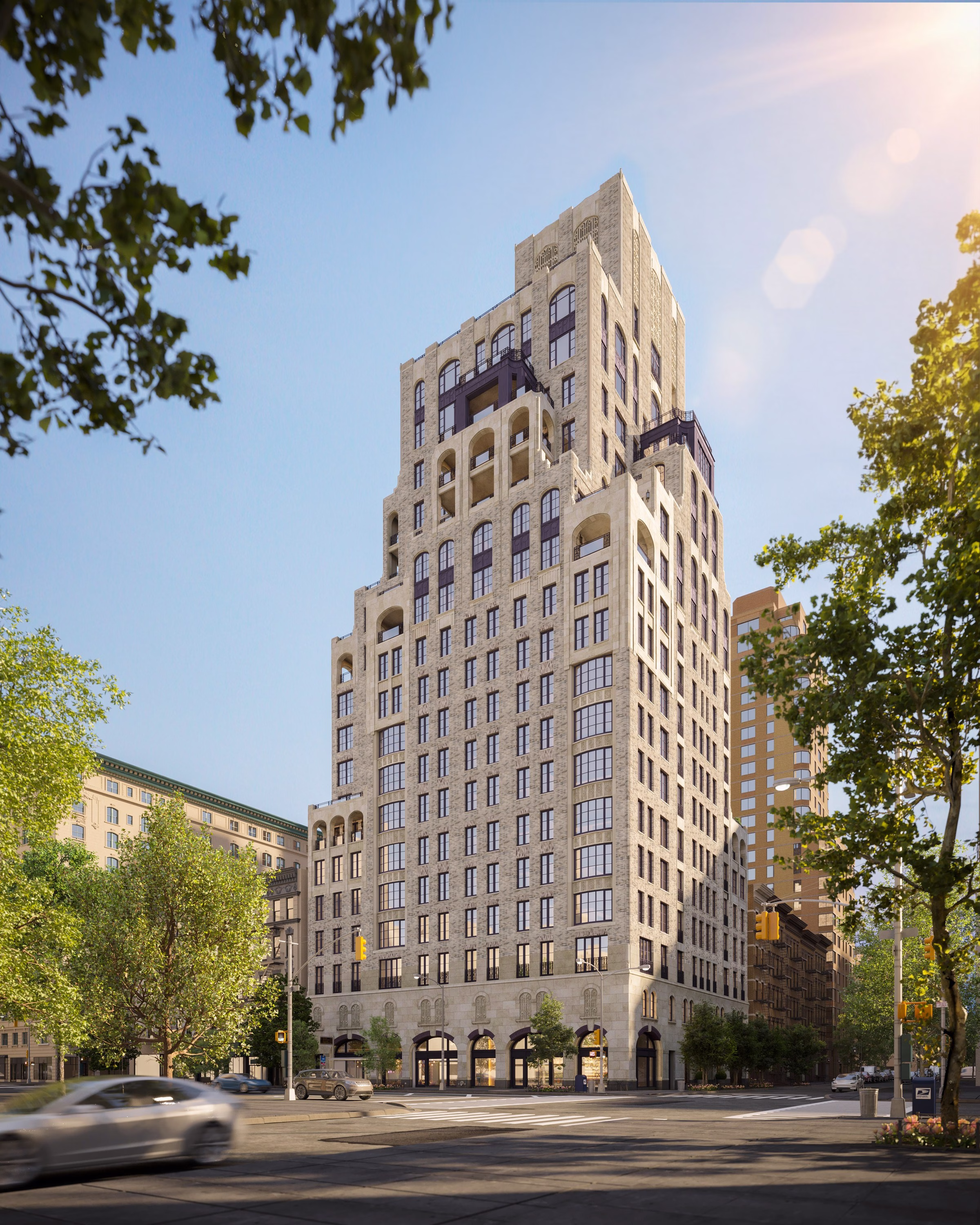 200 West 88th Street limestone Art Deco tower with sculptural windows designed by RAMSA on Manhattan's Upper West Side
