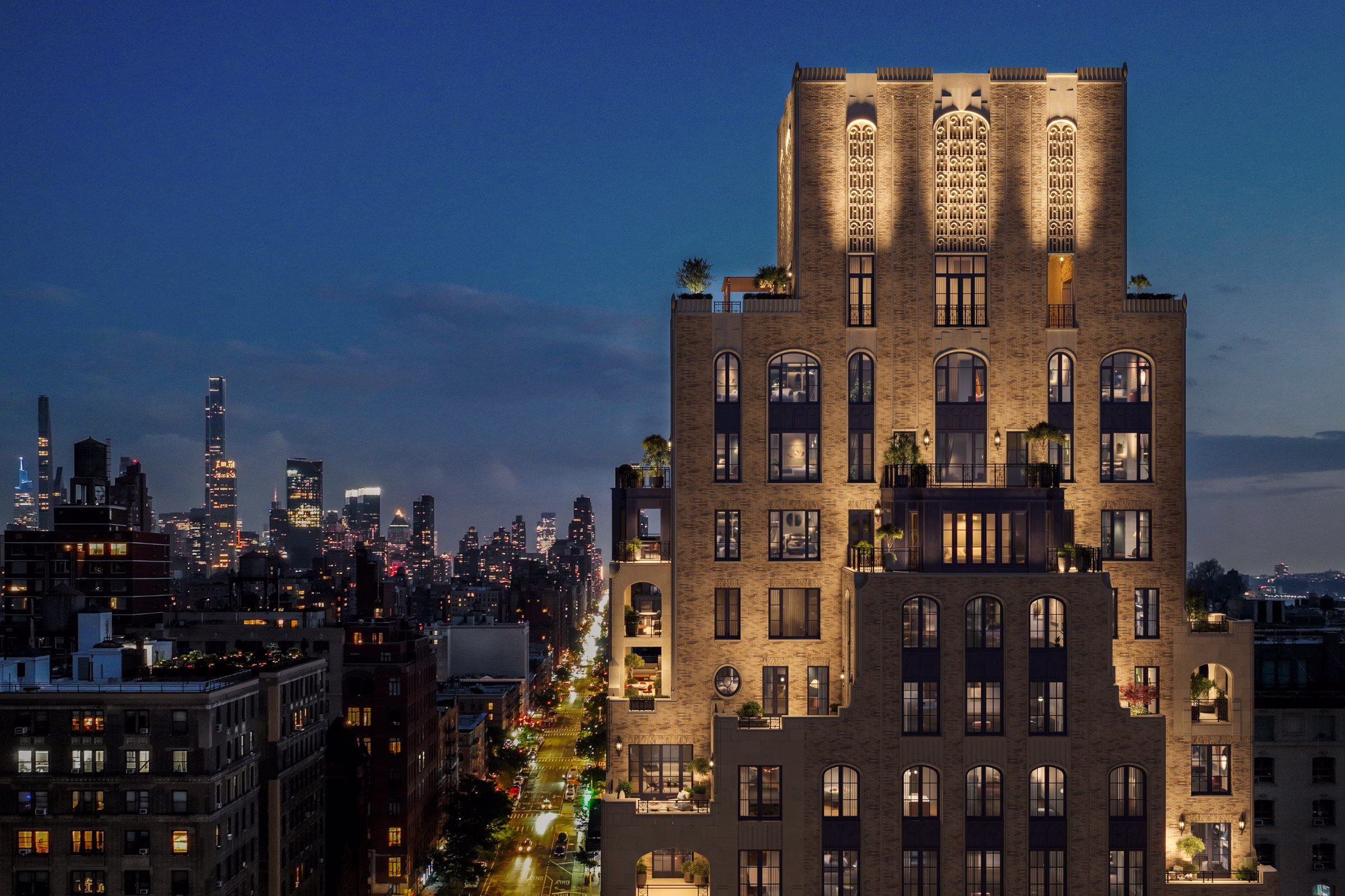 200 West 88th Street illuminated crown penthouse with the Manhattan skyline at dusk