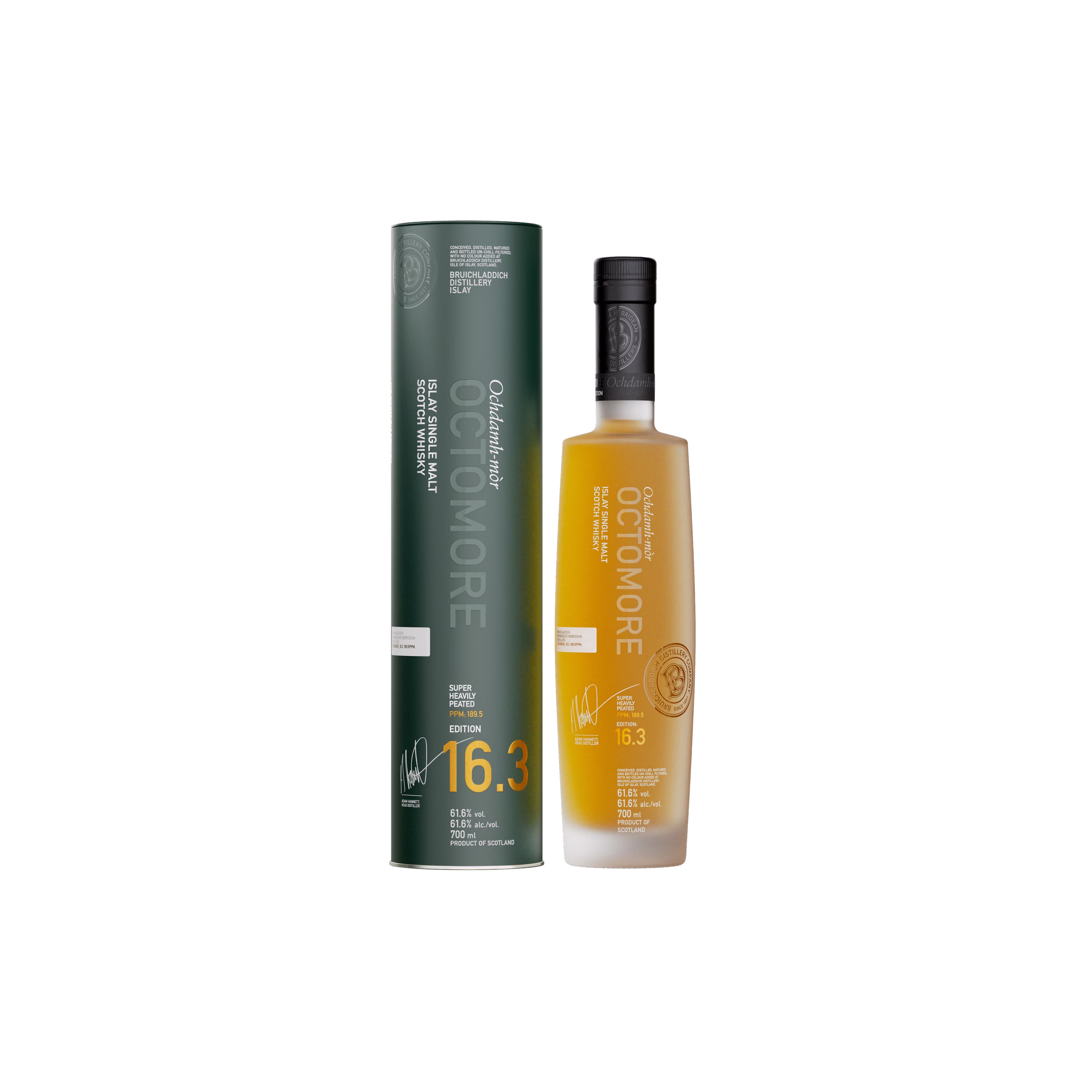 Bruichladdich Octomore 16.3 super-heavily peated single malt bottle and tin shot on black