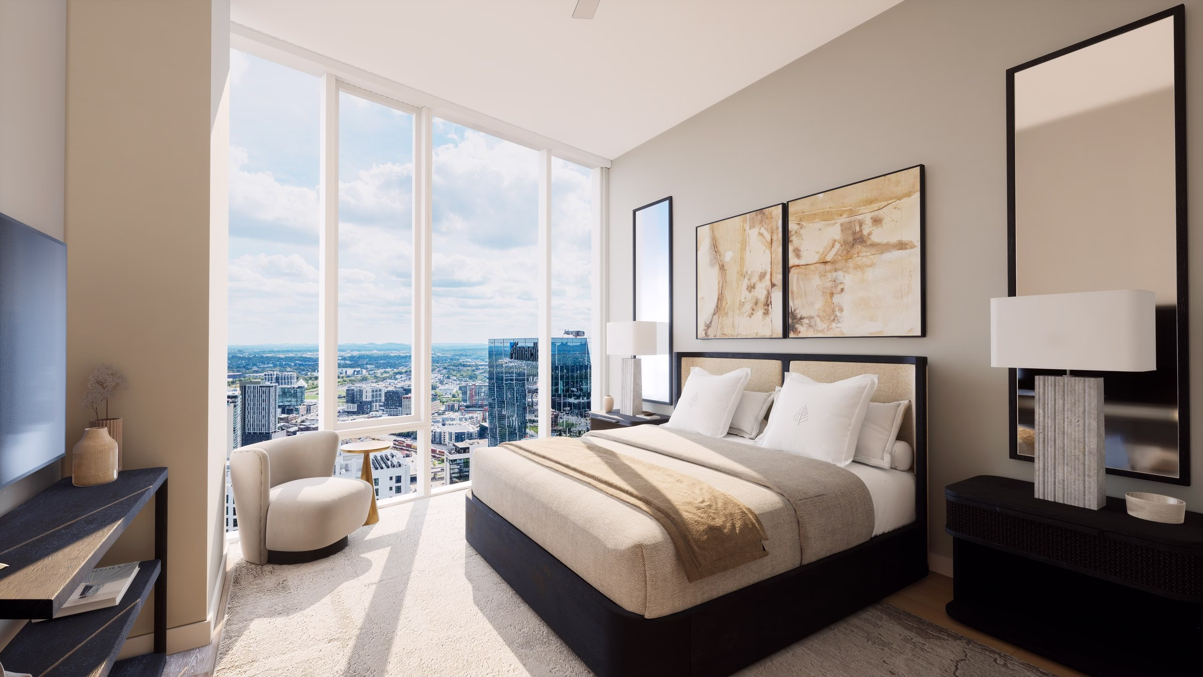 California Closets Giarratana Nashville bedroom rendering with downtown skyline views and custom built-ins