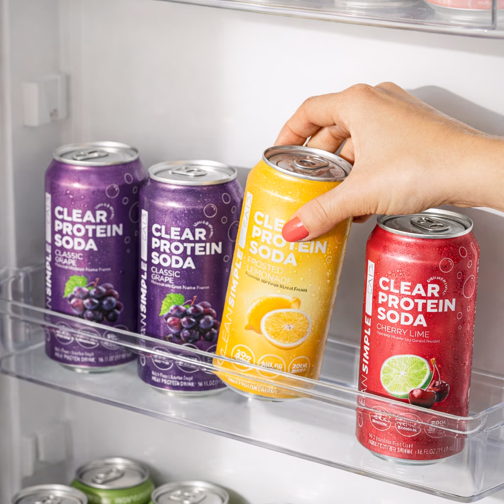Clean Simple Eats Clear Protein Soda can in a citrus flavor against a soft gradient backdrop