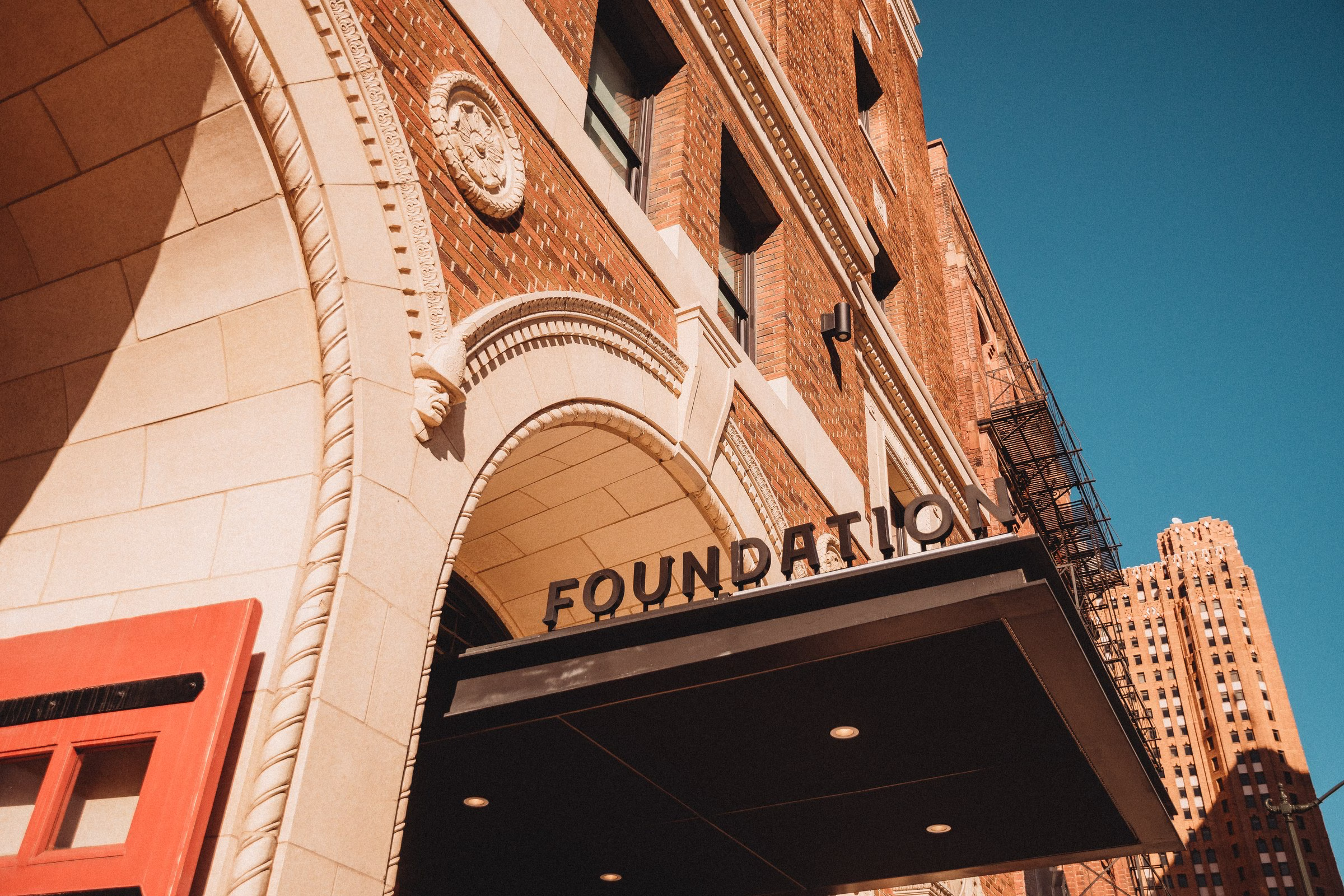 Detroit Foundation Hotel historic red-brick former fire department headquarters facade in downtown Detroit