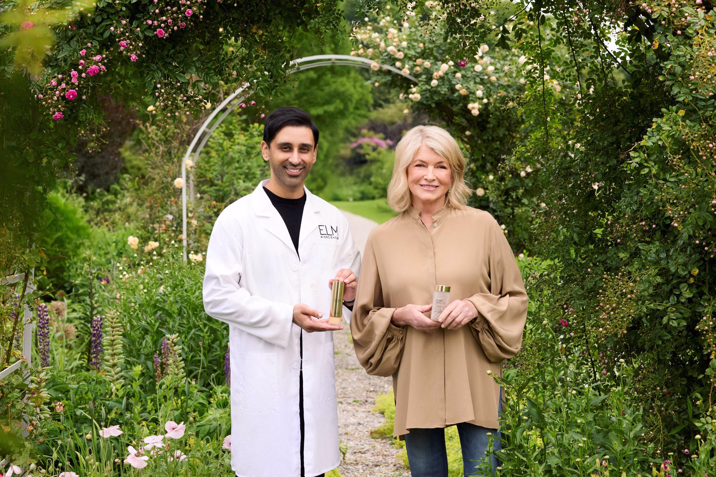 Elm Biosciences co-founders Dr. Dhaval Bhanusali and Martha Stewart portrait launching the clinical skincare brand