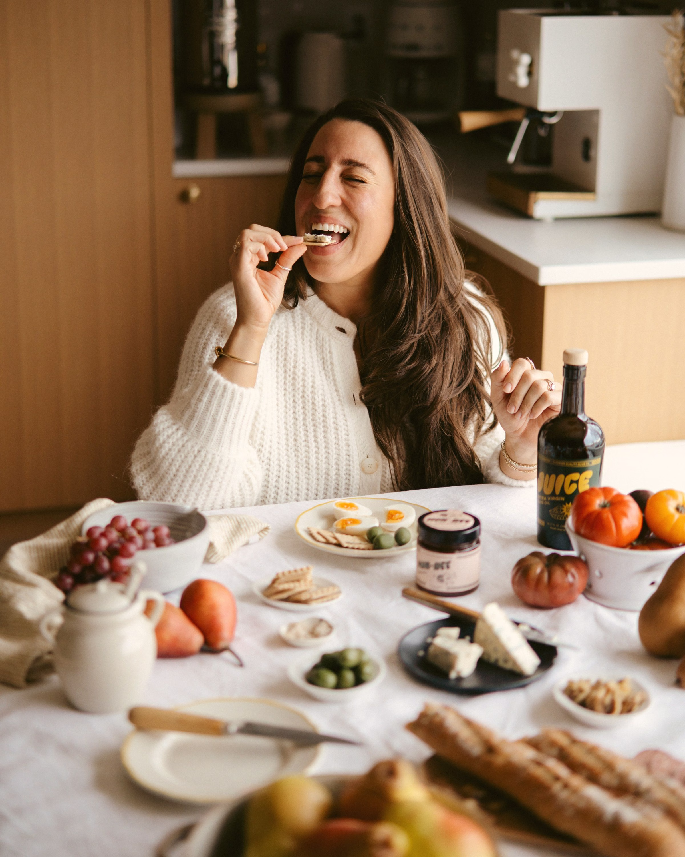 FoodByMaria Mediterranean tablescape lifestyle composition with fresh produce, cheeses, and wine