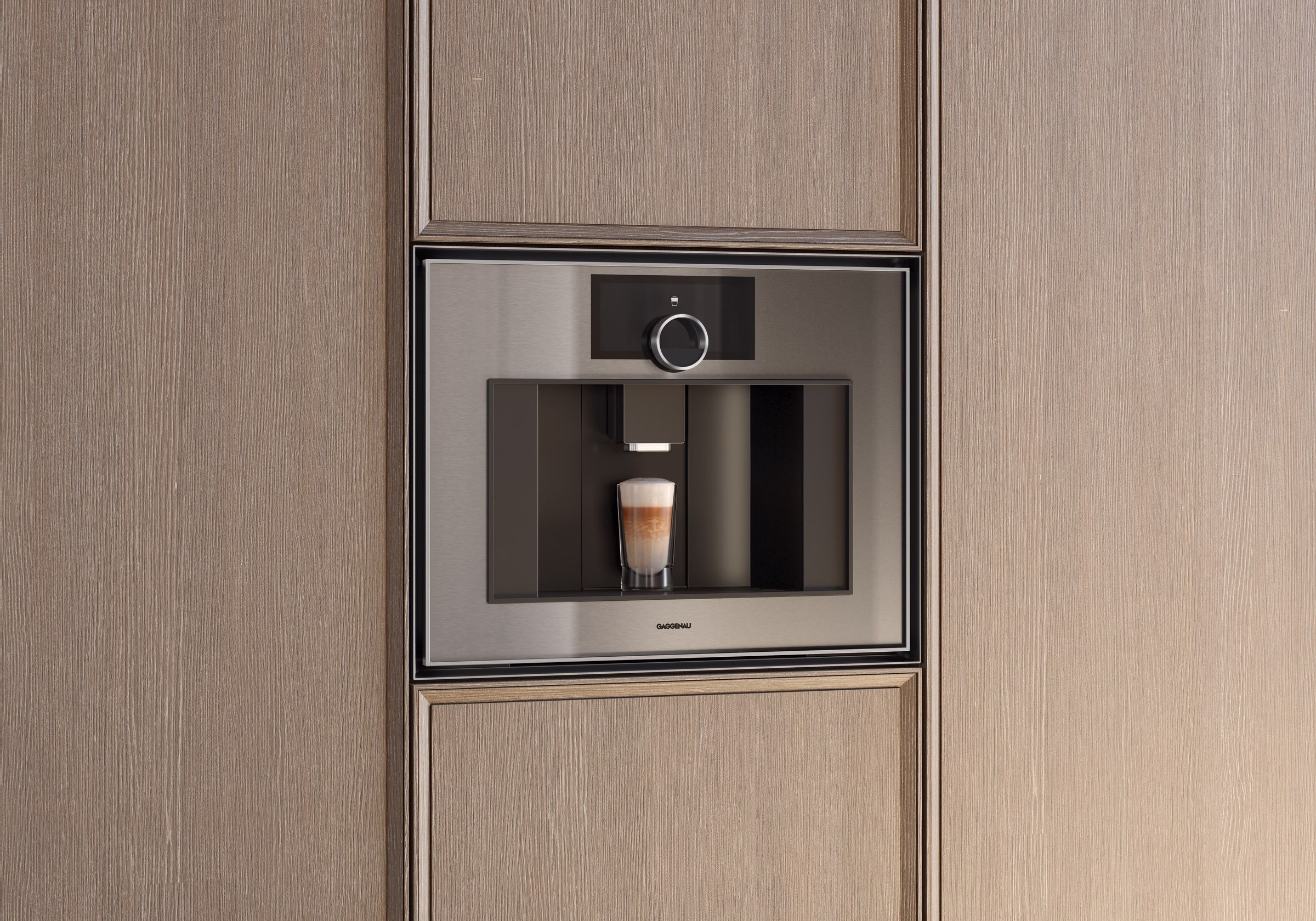 Gaggenau built-in espresso machine and oven integrated into vertical-grain oak cabinetry