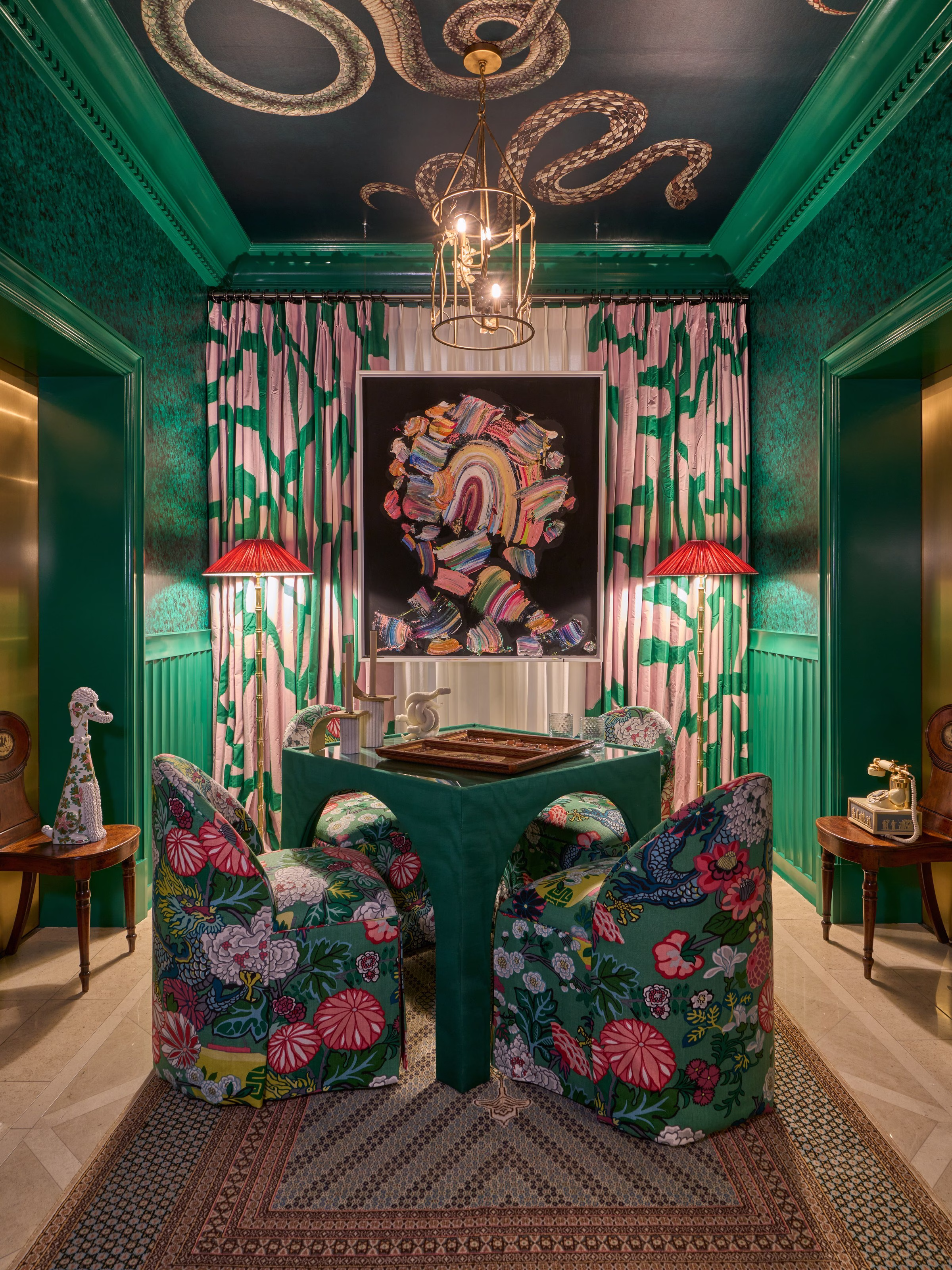 Kips Bay Decorator Show House Paranjape Design dining room with patterned ceiling and elegant tablescape
