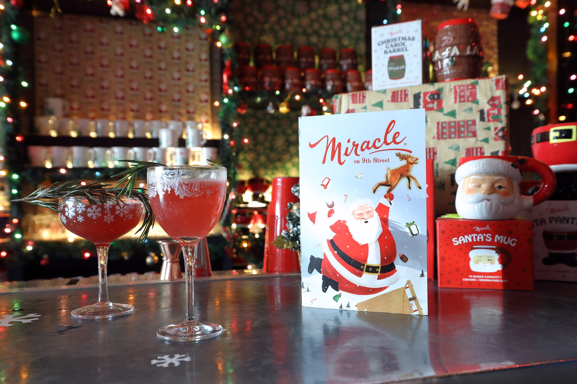Miracle holiday cocktail pop-up bar Christmas decor with kitschy ornaments and signature cocktails