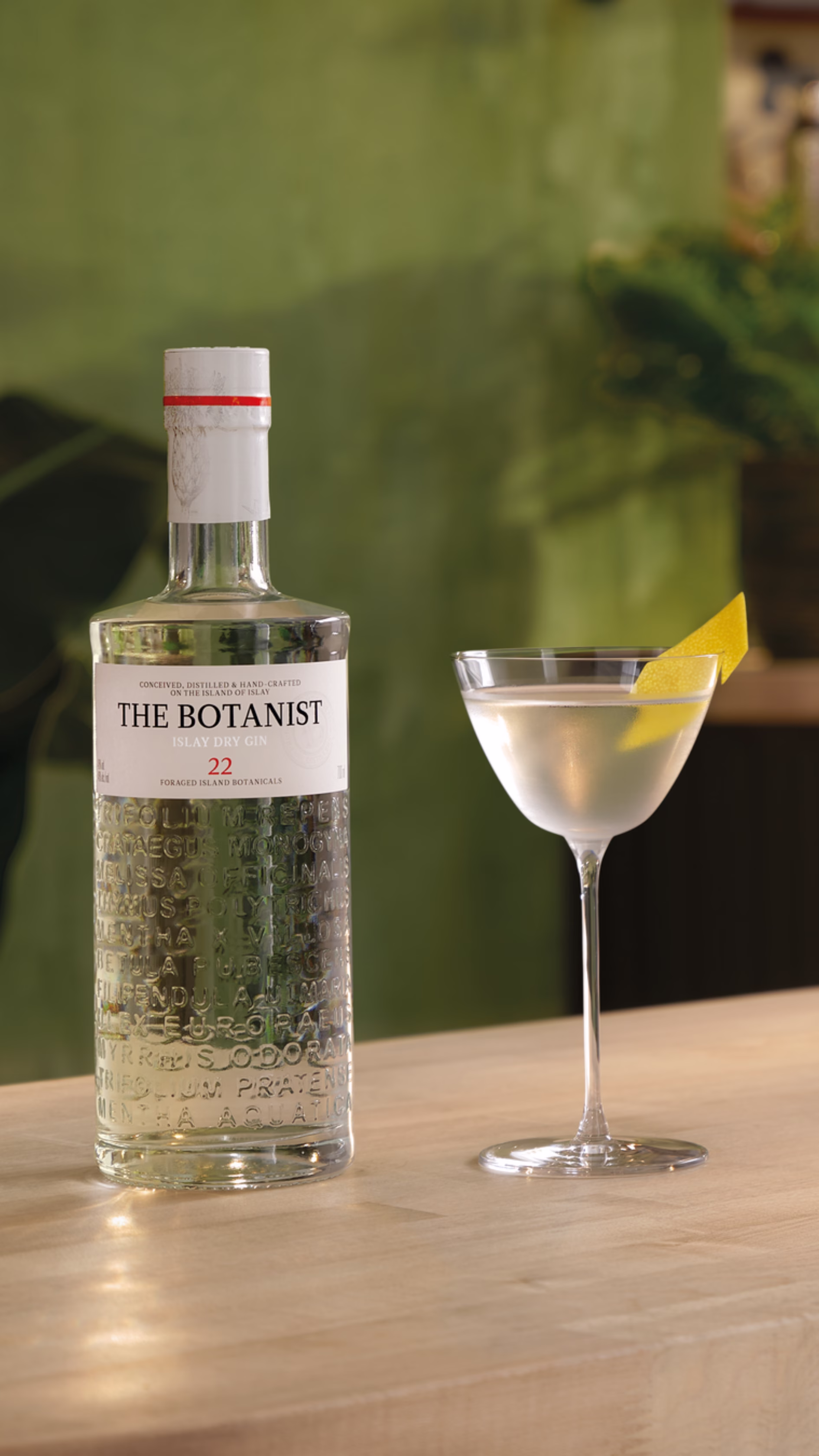 The Botanist Martini premium gin cocktail vertical product styling