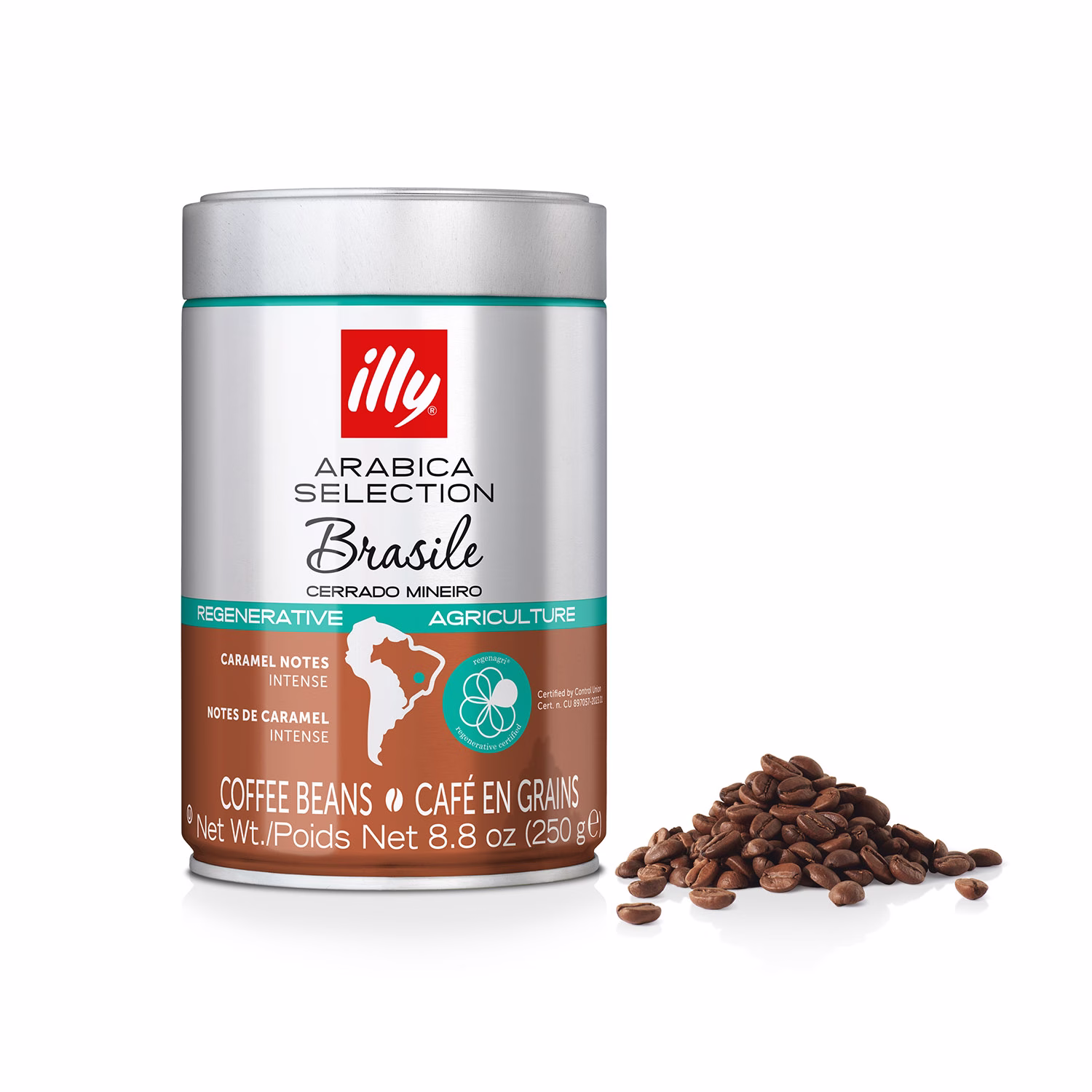 illy 250g Brasile single origin Arabica coffee beans pressurized package with beans displayed beside