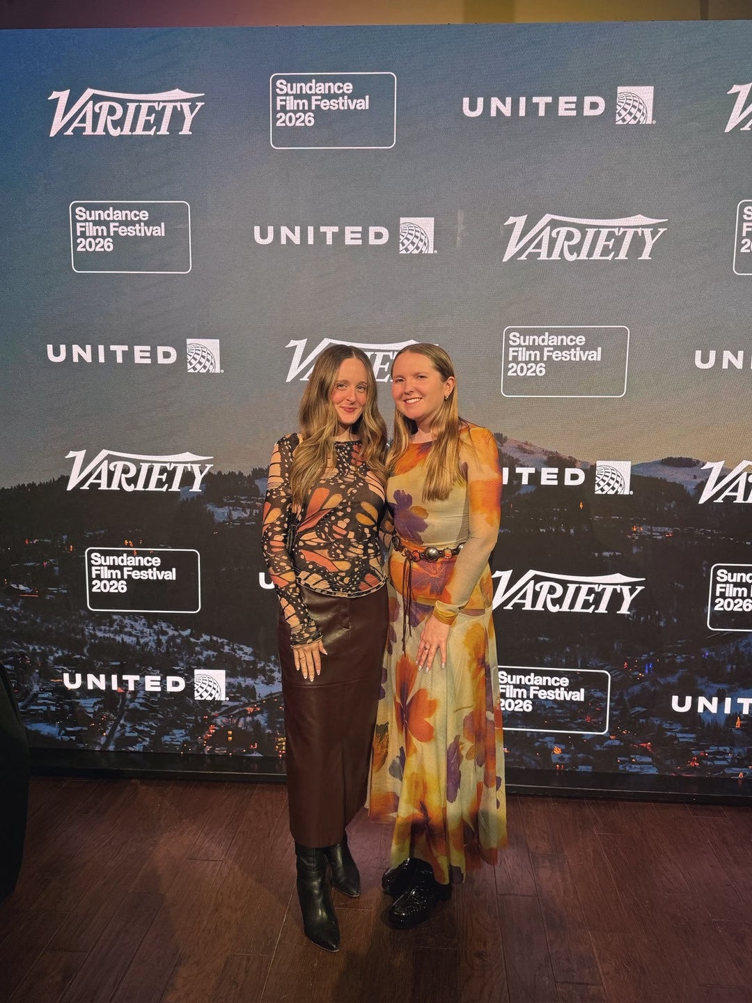 Two women posing together at Sundance Film Festival 2026 step and repeat backdrop featuring Variety and United Airlines logos