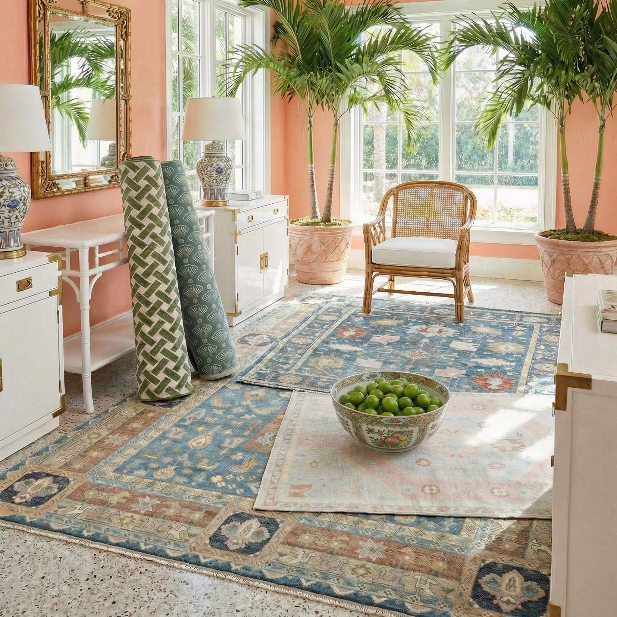 dfw textile rugs display tropical coastal interior showroom - Magrino welcomes DFW Textile Sourcing and Serefina Studio to its roster A bright coastal-style showroom with peach walls featuring DFW Textile Sourcing rugs and Serefina Studio fabrics displayed alongside rattan furniture, palm trees, and white lacquer cabinets with brass hardware