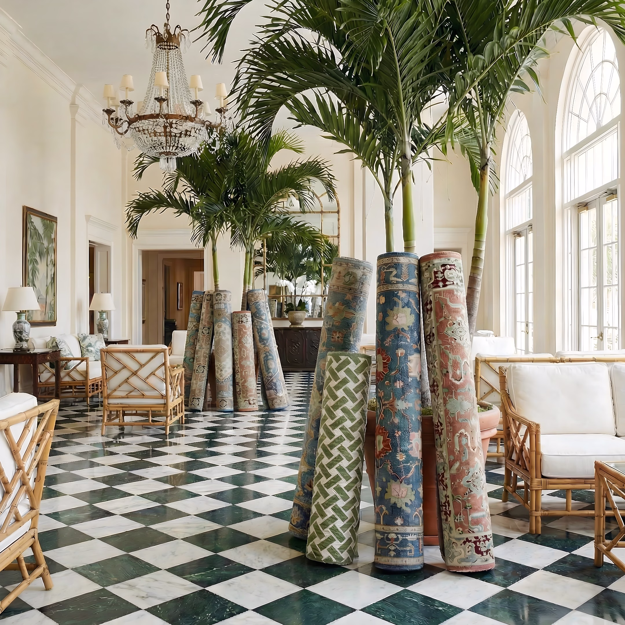 dfw textile rugs displayed grand palm tree lobby - Magrino welcomes DFW Textile Sourcing and Serefina Studio to its roster Rolled decorative rugs from DFW Textile Sourcing displayed upright around tall indoor palm trees in an elegant marble checkerboard-floored lobby with bamboo furniture and crystal chandelier
