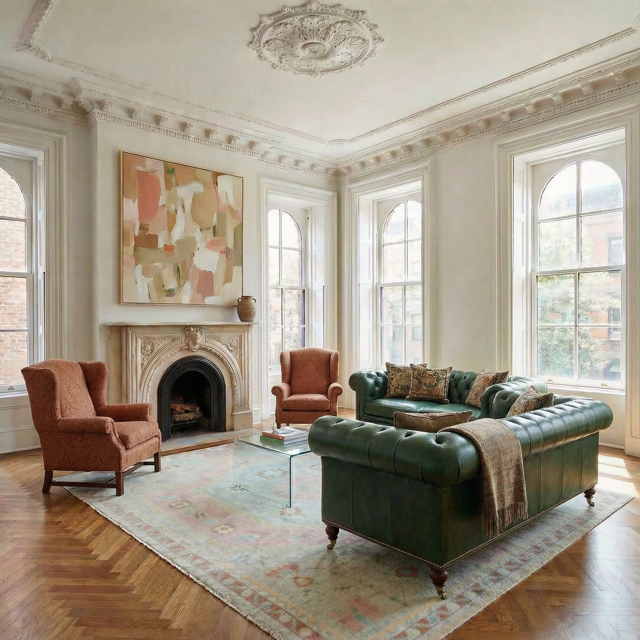 Sophisticated living room featuring a green tufted leather Chesterfield sofa, rust-colored wingback armchairs, ornate marble fireplace, herringbone hardwood floors, and arched windows with decorative crown molding, styled with DFW Textile Sourcing fabrics and Serefina Studio furnishings